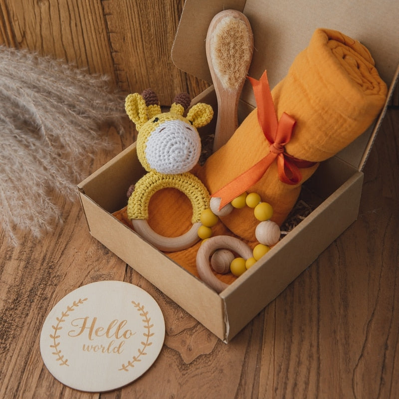 1Set Baby Bath Toy Set Baby Bath Towel Wooden Rattle Bracelet Crochet Rattles Toys Infant Bath Products Newborn Bed Bell