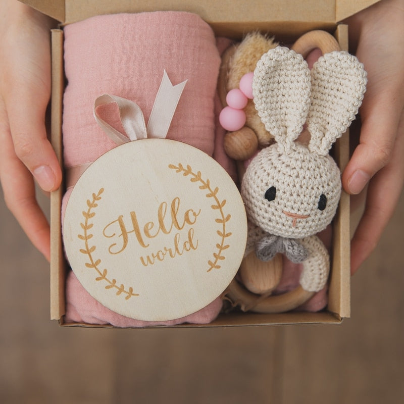 1Set Baby Bath Toy Set Baby Bath Towel Wooden Rattle Bracelet Crochet Rattles Toys Infant Bath Products Newborn Bed Bell
