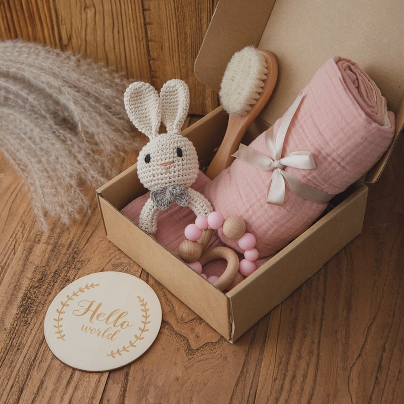 1Set Baby Bath Toy Set Baby Bath Towel Wooden Rattle Bracelet Crochet Rattles Toys Infant Bath Products Newborn Bed Bell