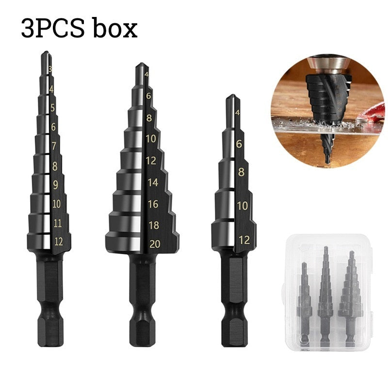 Broca de titanio HSS de 1/3 piezas, 3-12, 4-12, 4-20, herramientas eléctricas de perforación, juego de brocas cónicas de cortador de agujeros para madera de acero de alta velocidad