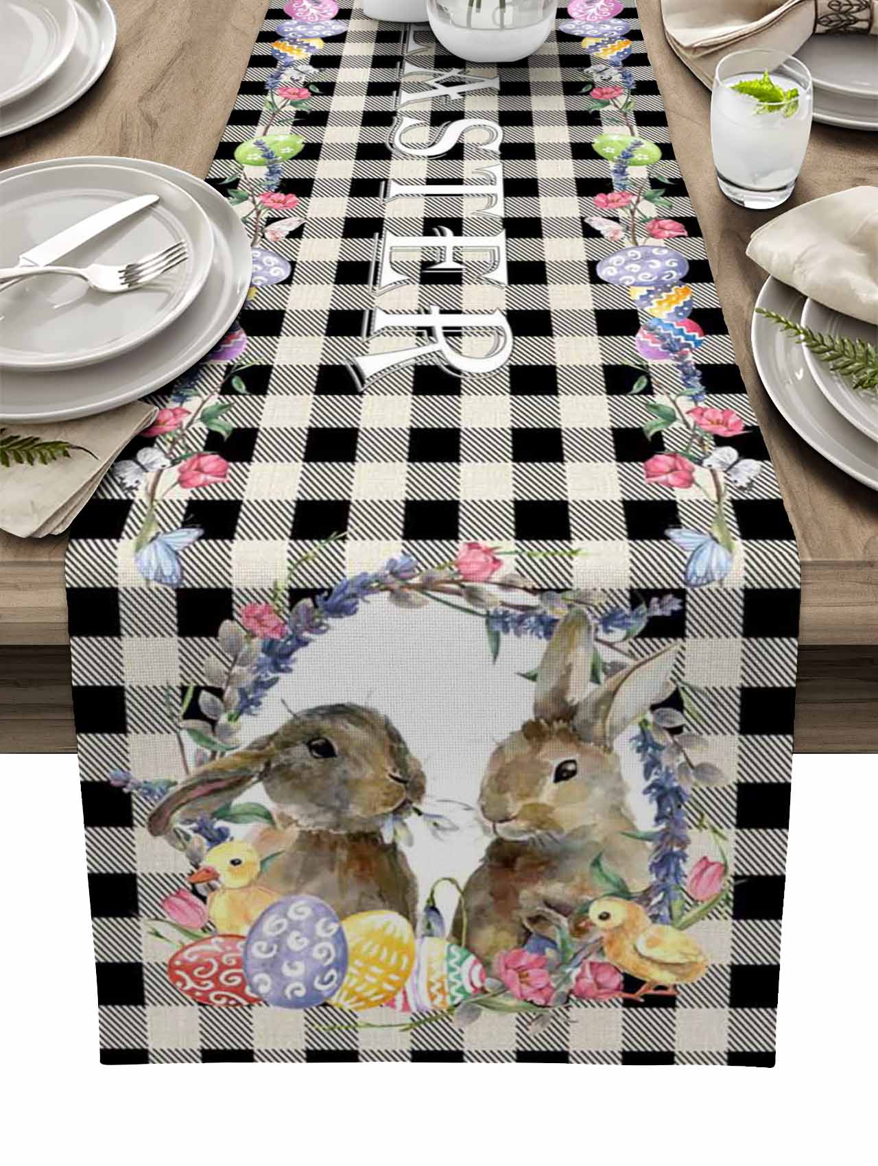 Easter Bunny Egg Duck Flower Linen Table Runner Wedding Decoration Anti-Fouling Rectangular Dining Table Runner Table Decoration