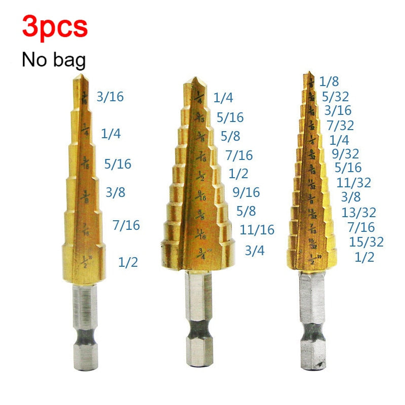 Broca de titanio HSS de 1/3 piezas, 3-12, 4-12, 4-20, herramientas eléctricas de perforación, juego de brocas cónicas de cortador de agujeros para madera de acero de alta velocidad
