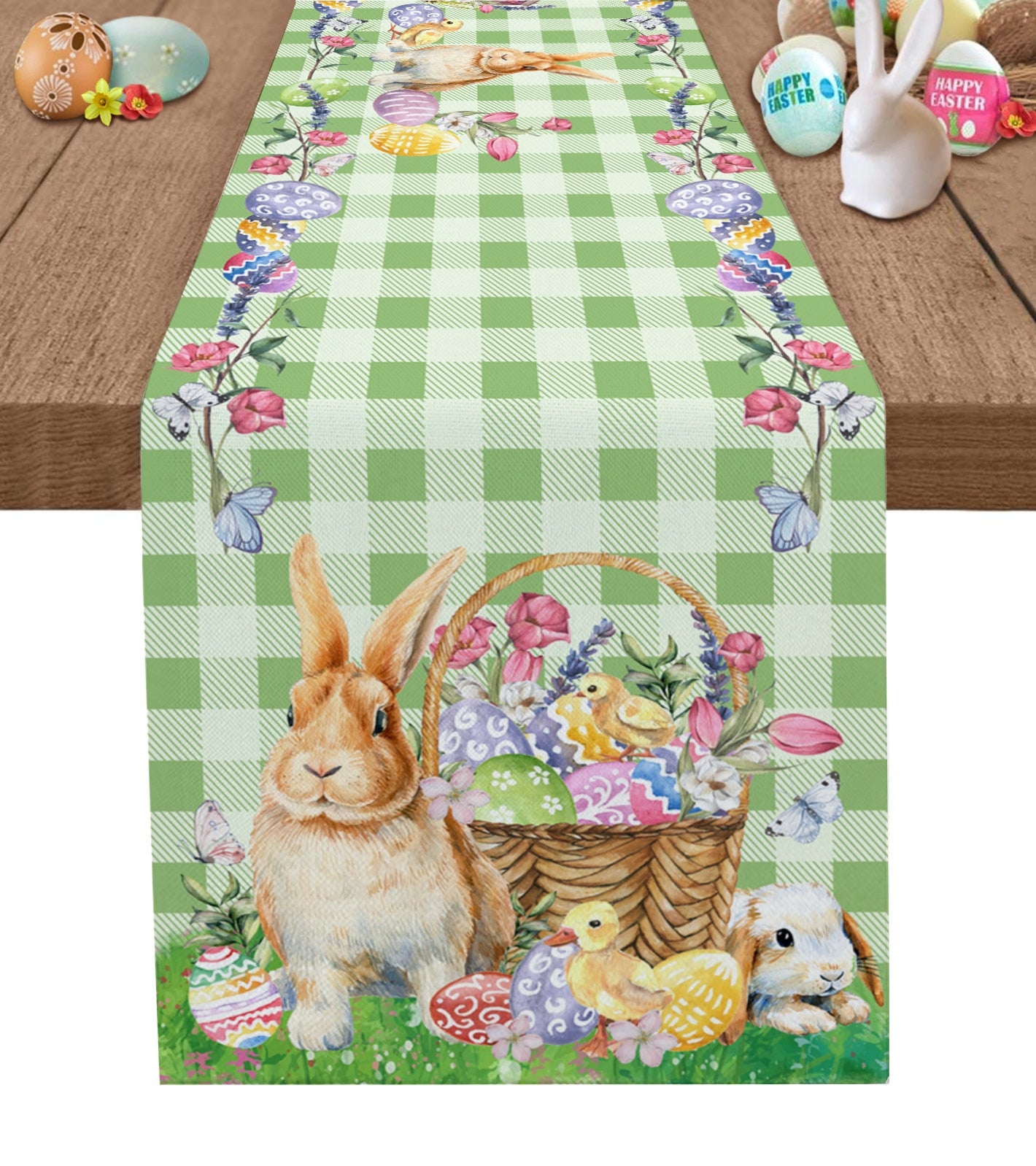 Easter Bunny Egg Duck Flower Linen Table Runner Wedding Decoration Anti-Fouling Rectangular Dining Table Runner Table Decoration