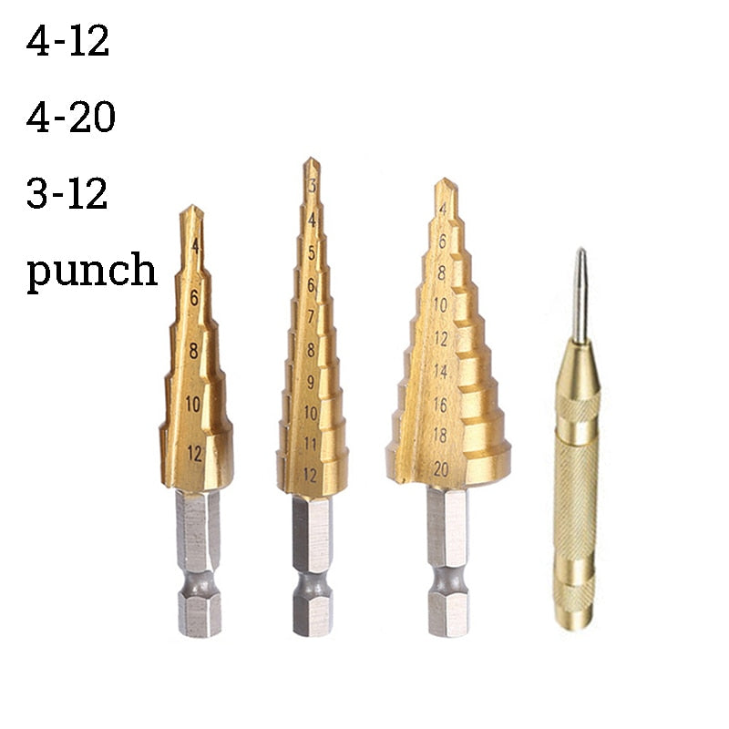 Broca de titanio HSS de 1/3 piezas, 3-12, 4-12, 4-20, herramientas eléctricas de perforación, juego de brocas cónicas de cortador de agujeros para madera de acero de alta velocidad