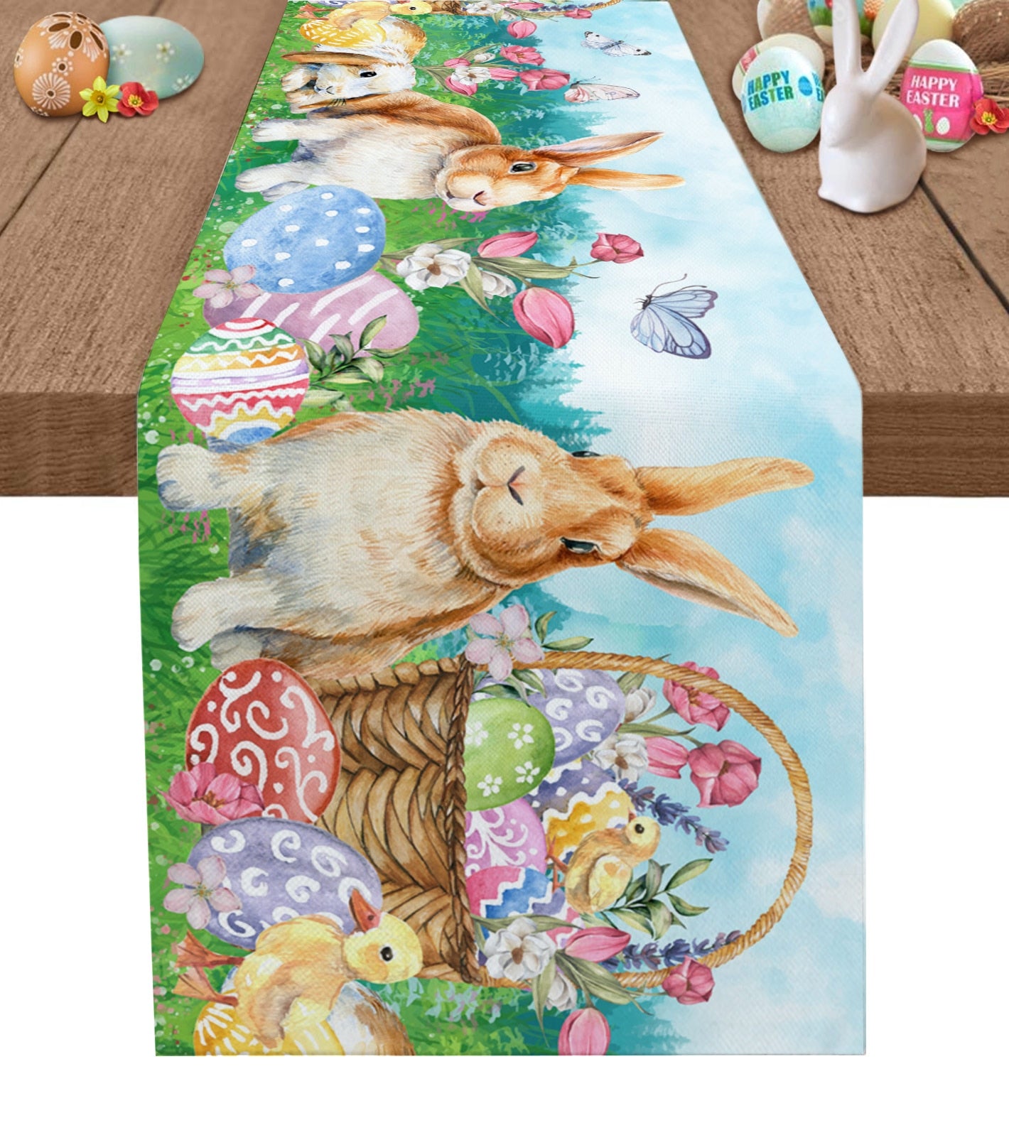 Easter Bunny Egg Duck Flower Linen Table Runner Wedding Decoration Anti-Fouling Rectangular Dining Table Runner Table Decoration