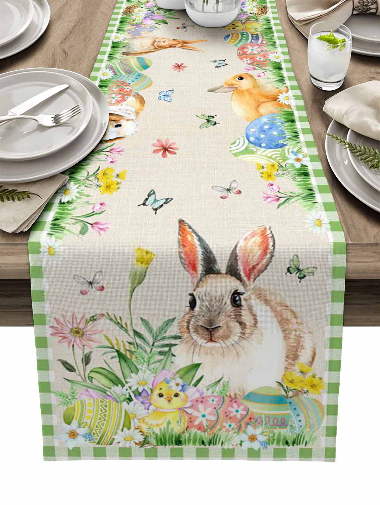 Easter Bunny Egg Duck Flower Linen Table Runner Wedding Decoration Anti-Fouling Rectangular Dining Table Runner Table Decoration