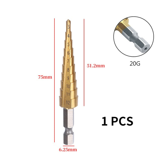 Broca de titanio HSS de 1/3 piezas, 3-12, 4-12, 4-20, herramientas eléctricas de perforación, juego de brocas cónicas de cortador de agujeros para madera de acero de alta velocidad