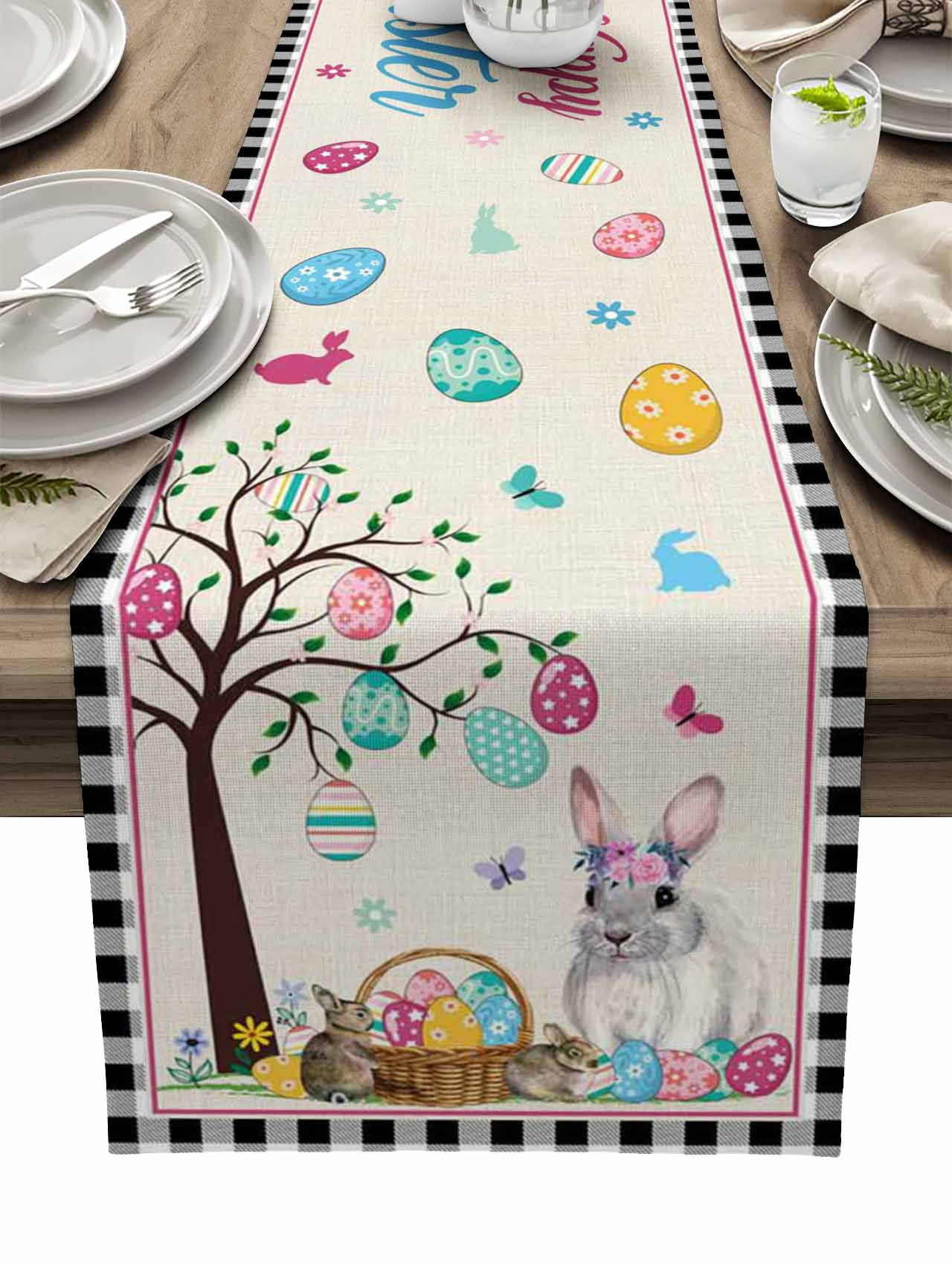 Easter Bunny Egg Duck Flower Linen Table Runner Wedding Decoration Anti-Fouling Rectangular Dining Table Runner Table Decoration