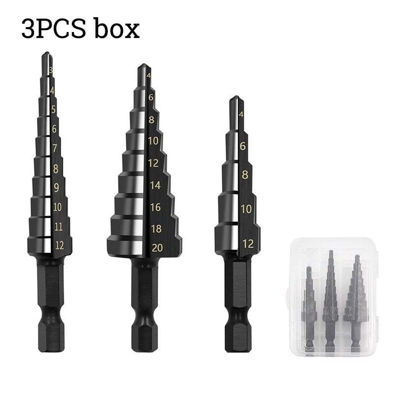 Broca de titanio HSS de 1/3 piezas, 3-12, 4-12, 4-20, herramientas eléctricas de perforación, juego de brocas cónicas de cortador de agujeros para madera de acero de alta velocidad