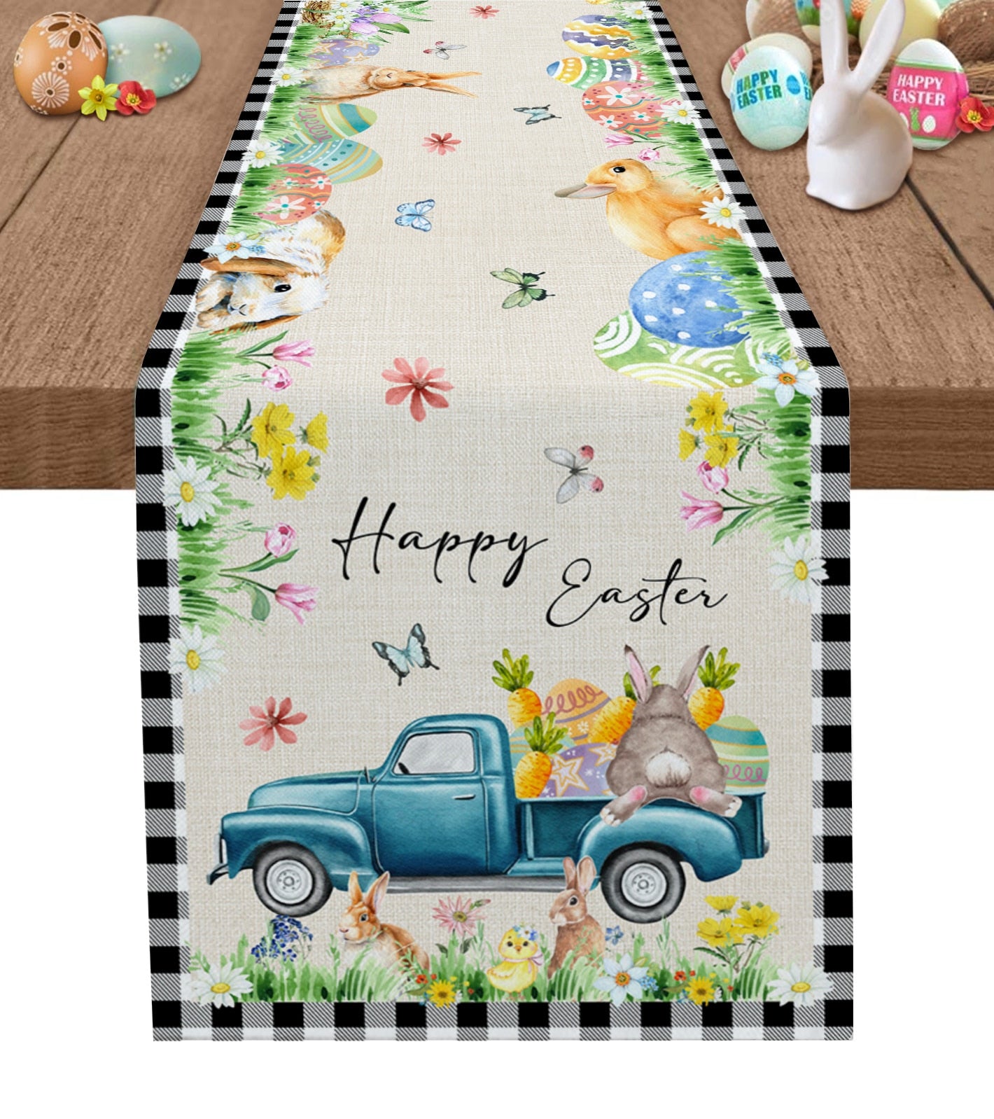 Easter Bunny Egg Duck Flower Linen Table Runner Wedding Decoration Anti-Fouling Rectangular Dining Table Runner Table Decoration