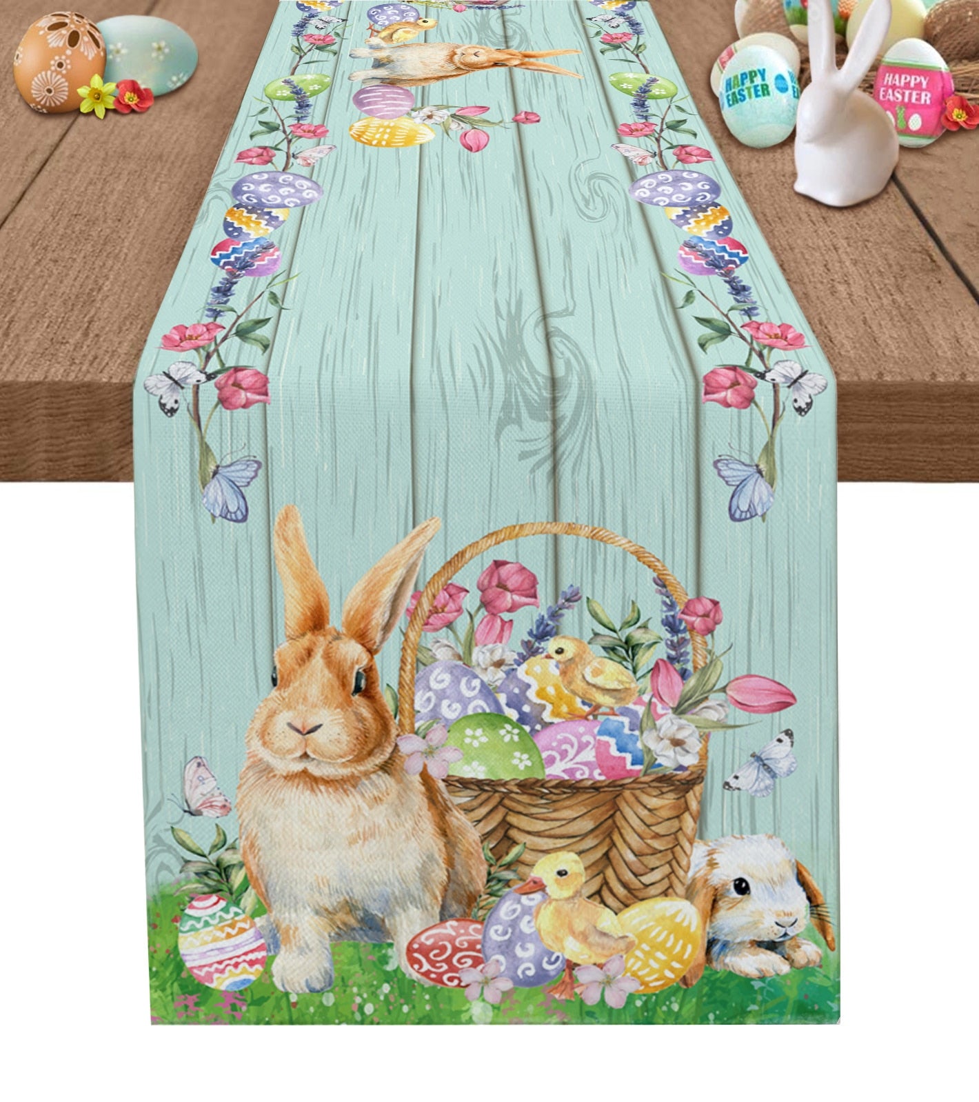 Easter Bunny Egg Duck Flower Linen Table Runner Wedding Decoration Anti-Fouling Rectangular Dining Table Runner Table Decoration