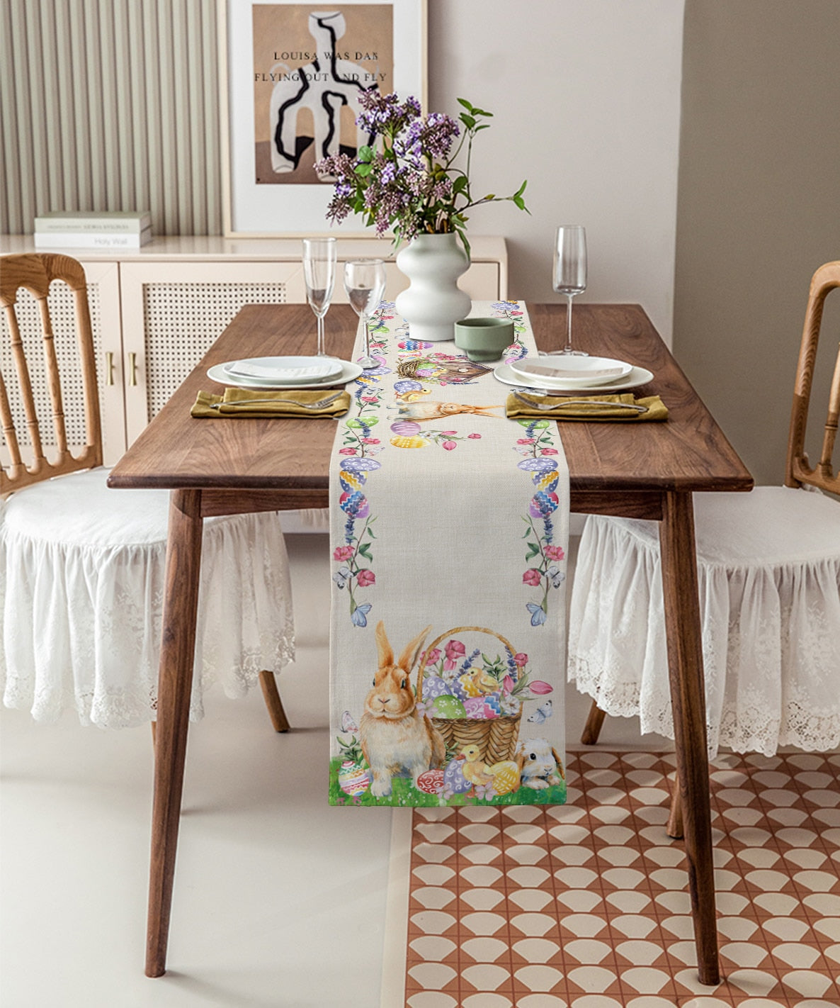 Easter Bunny Egg Duck Flower Linen Table Runner Wedding Decoration Anti-Fouling Rectangular Dining Table Runner Table Decoration