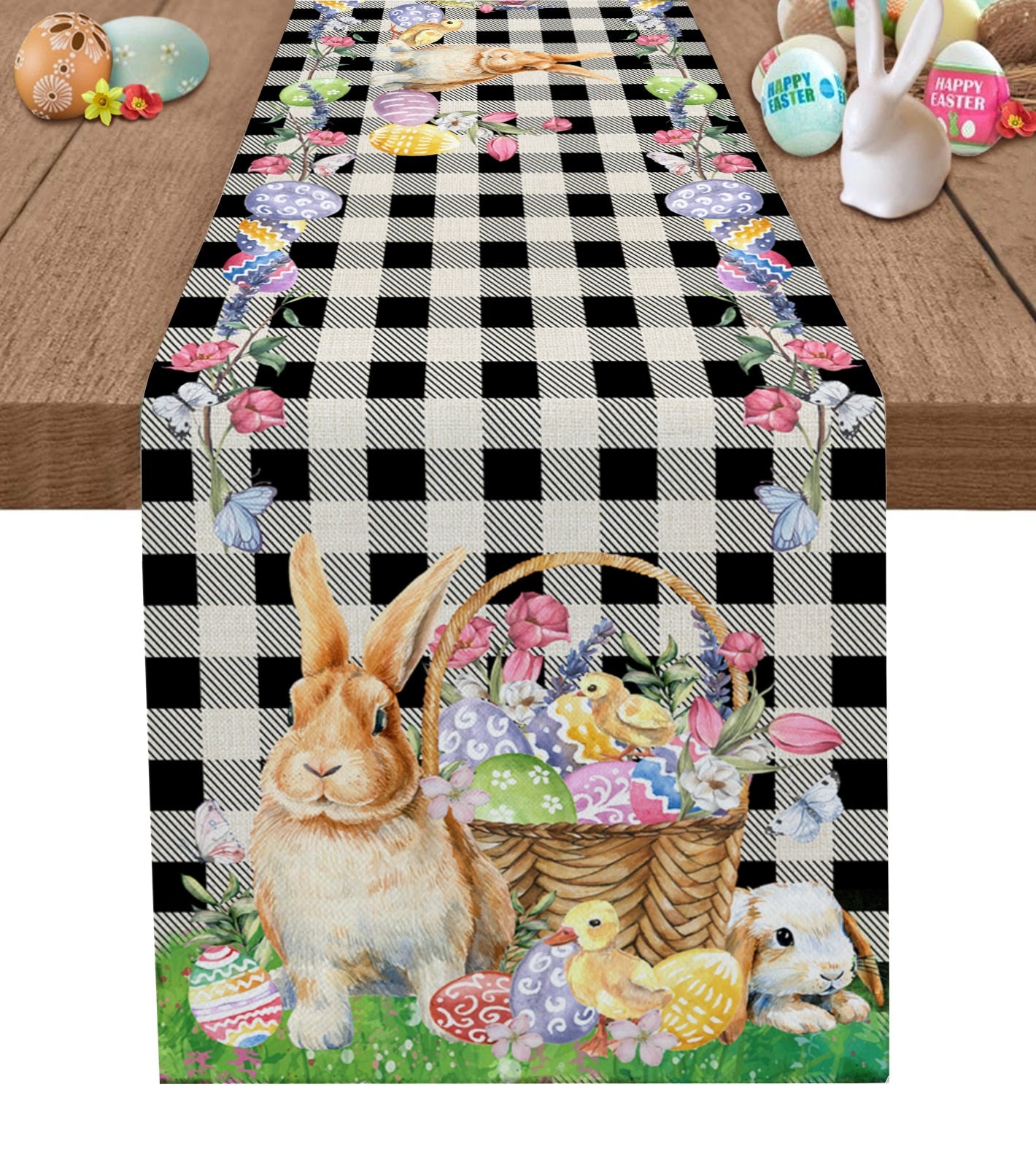 Easter Bunny Egg Duck Flower Linen Table Runner Wedding Decoration Anti-Fouling Rectangular Dining Table Runner Table Decoration