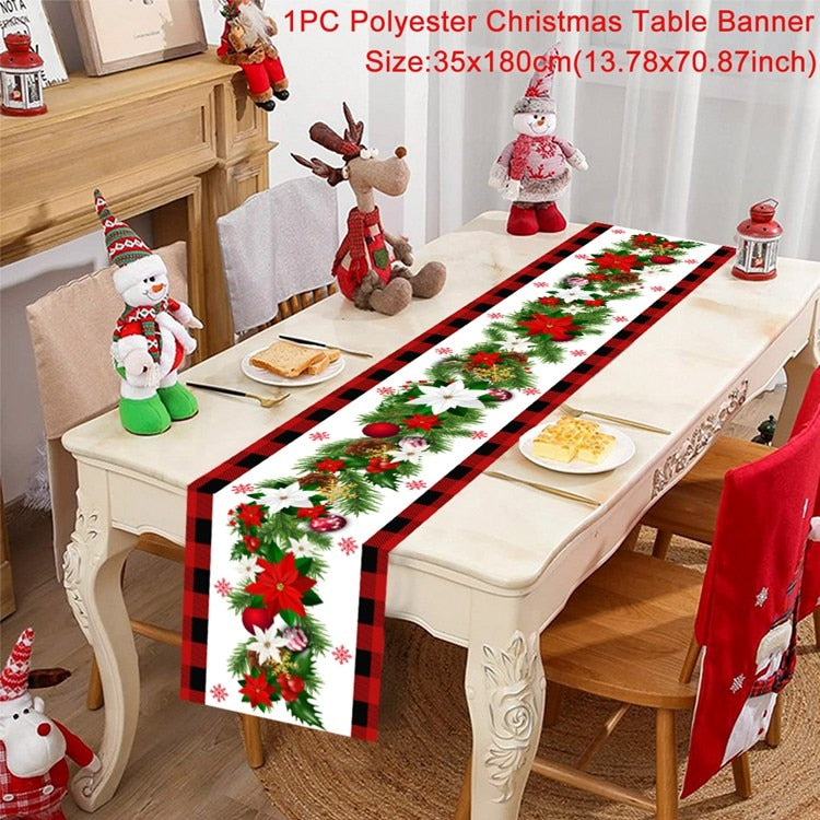 Safflower Pine Leaves Christmas Table Runner Xmas Table Flag Cover Navidad Natal Gifts Christmas Decor New Year 2023 Tablecloth