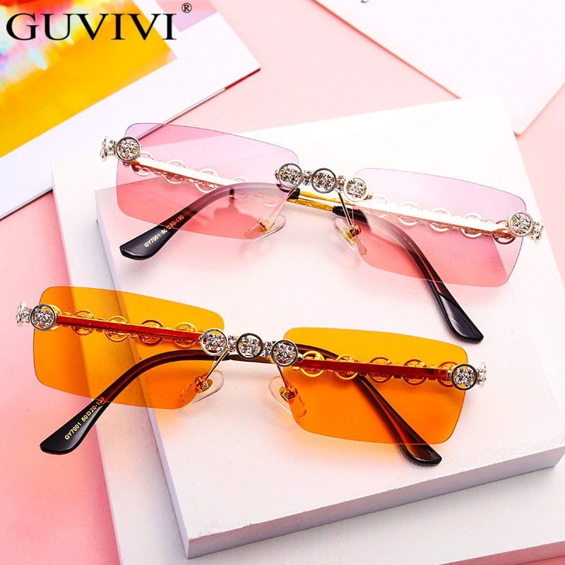 Gafas de sol sin montura con diamantes para mujer, lentes rectangulares Steampunk de cristal Vintage con diamantes de imitación, UV400, 2021