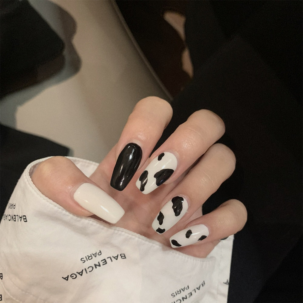 24Pcs Stiletto False Press On Nails Matte Black Color Leopard Wear Finished Product Wearable Full Cover Acrylic Nails Products