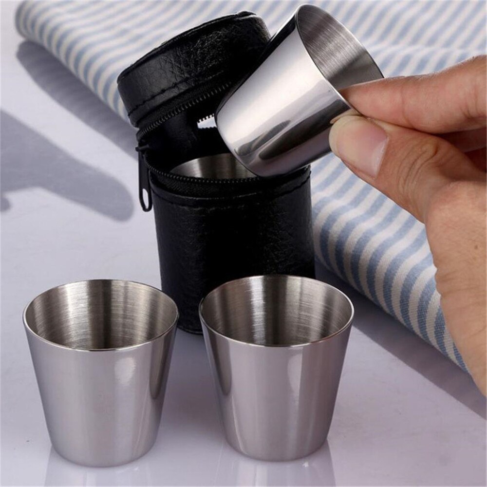 4Pcs/set Polished 30ML Mini Stainless Steel Shot Glass Cup Wine Drinking Glasses With Leather Cover Bag For Home Kitchen Bar