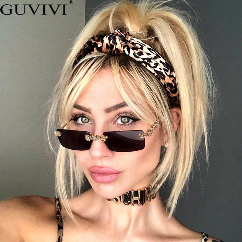 Gafas de sol sin montura con diamantes para mujer, lentes rectangulares Steampunk de cristal Vintage con diamantes de imitación, UV400, 2021