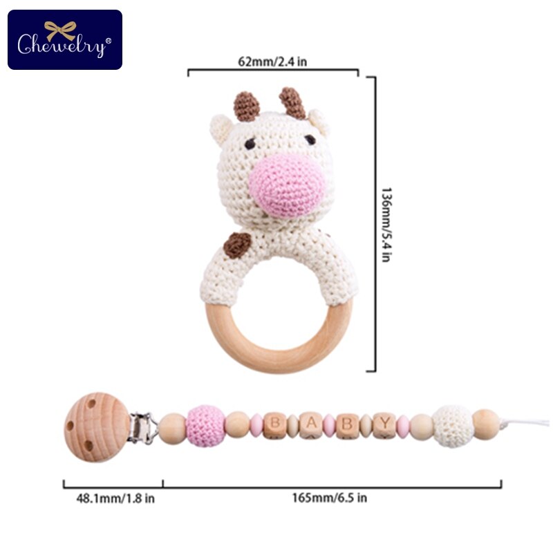 Mordedor de madera para bebé, sonajero de anillo de ganchillo de Animal, productos para bebé, manualidades DIY, sonajero de dentición, juguetes Amigurumi, 1 ud.