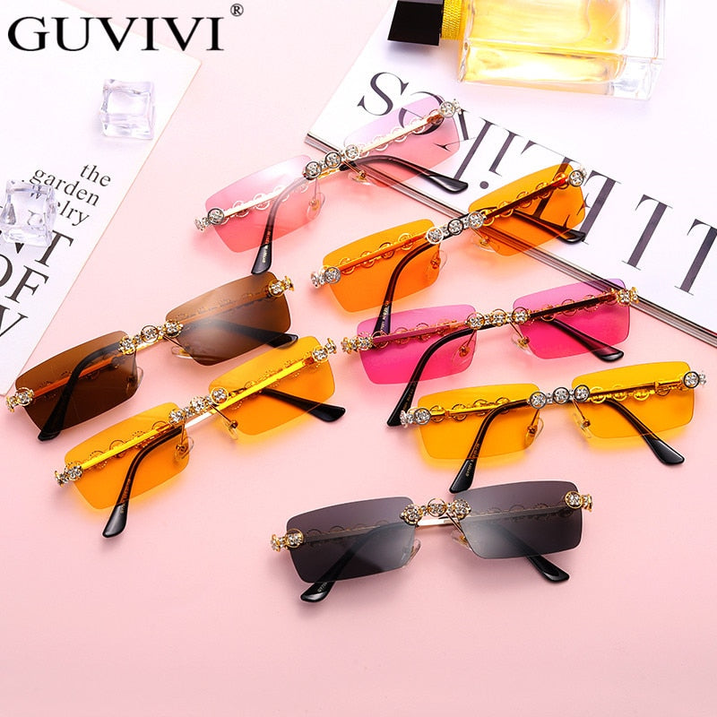 Gafas de sol sin montura con diamantes para mujer, lentes rectangulares Steampunk de cristal Vintage con diamantes de imitación, UV400, 2021