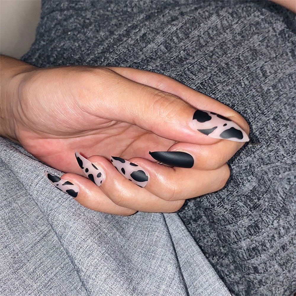 24Pcs Stiletto False Press On Nails Matte Black Color Leopard Wear Finished Product Wearable Full Cover Acrylic Nails Products