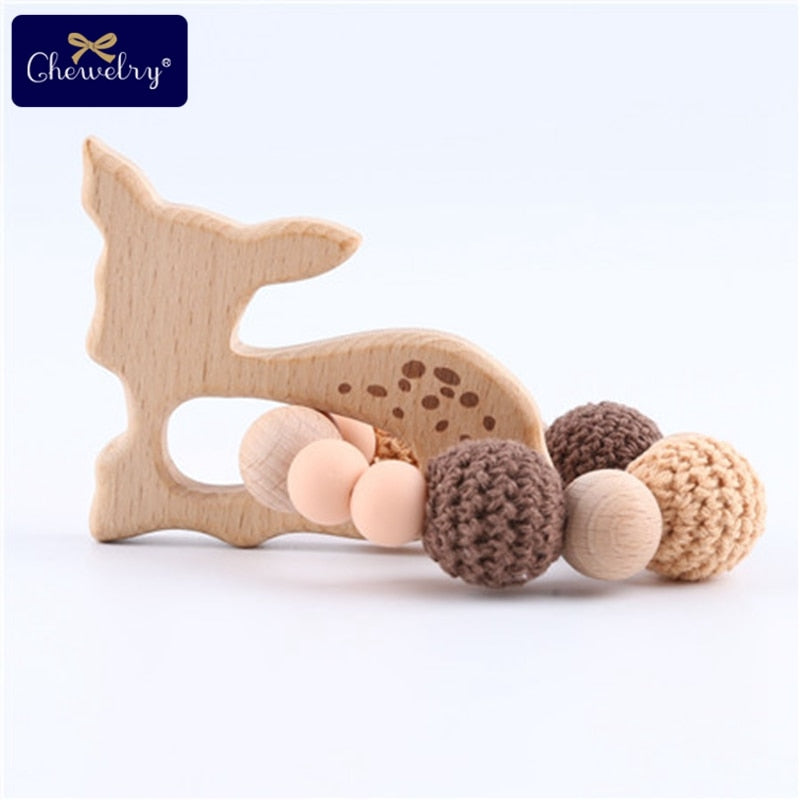 Mordedor de madera para bebé, sonajero de anillo de ganchillo de Animal, productos para bebé, manualidades DIY, sonajero de dentición, juguetes Amigurumi, 1 ud.