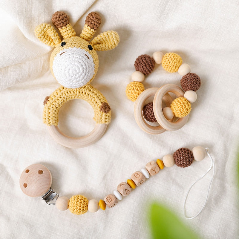 Mordedor de madera para bebé, sonajero de anillo de ganchillo de Animal, productos para bebé, manualidades DIY, sonajero de dentición, juguetes Amigurumi, 1 ud.