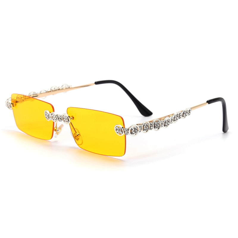 Gafas de sol sin montura con diamantes para mujer, lentes rectangulares Steampunk de cristal Vintage con diamantes de imitación, UV400, 2021