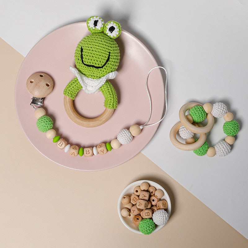 Mordedor de madera para bebé, sonajero de anillo de ganchillo de Animal, productos para bebé, manualidades DIY, sonajero de dentición, juguetes Amigurumi, 1 ud.