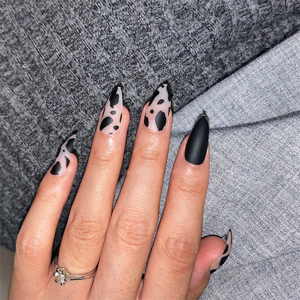 24Pcs Stiletto False Press On Nails Matte Black Color Leopard Wear Finished Product Wearable Full Cover Acrylic Nails Products