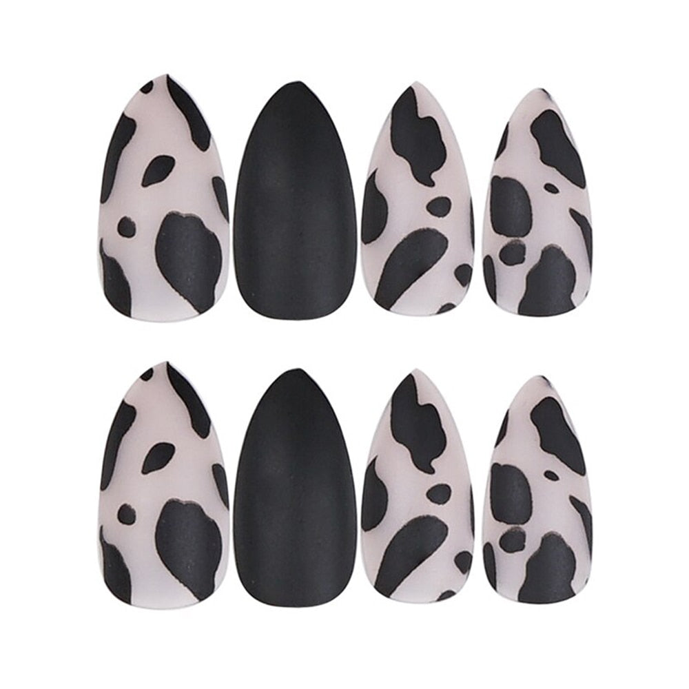 24Pcs Stiletto False Press On Nails Matte Black Color Leopard Wear Finished Product Wearable Full Cover Acrylic Nails Products