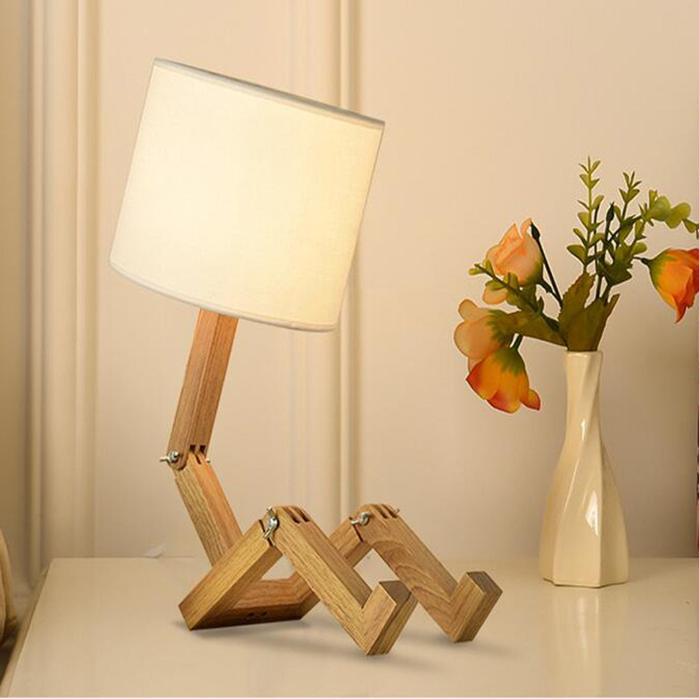 Robot Shape Wooden LED Table Lamps E27 Lamp Holder Modern Art Wood Desk Table Lamps Parlor Indoor Bedroom Study Night Light