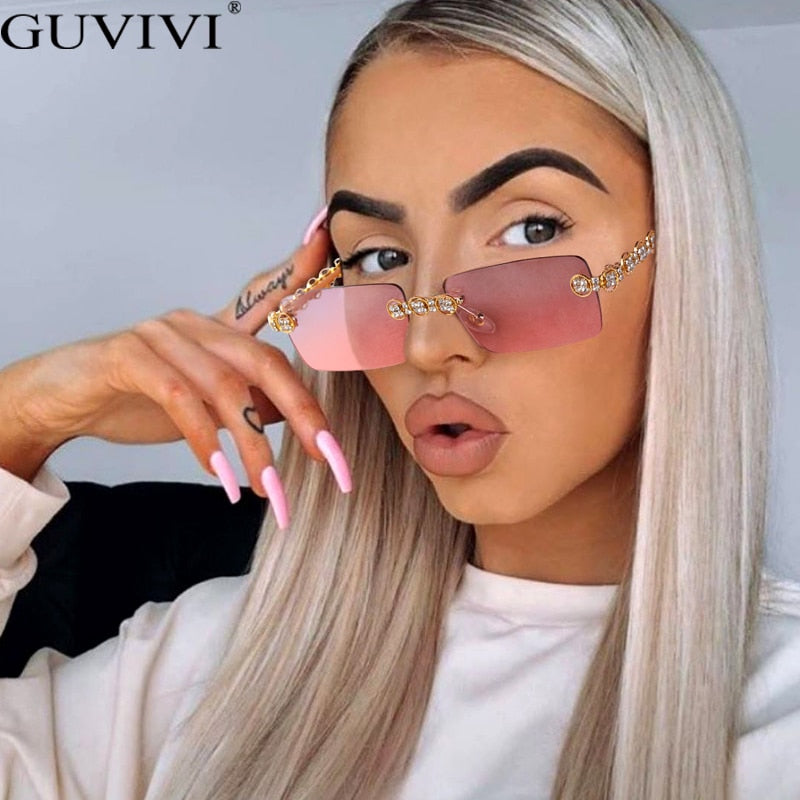 Gafas de sol sin montura con diamantes para mujer, lentes rectangulares Steampunk de cristal Vintage con diamantes de imitación, UV400, 2021