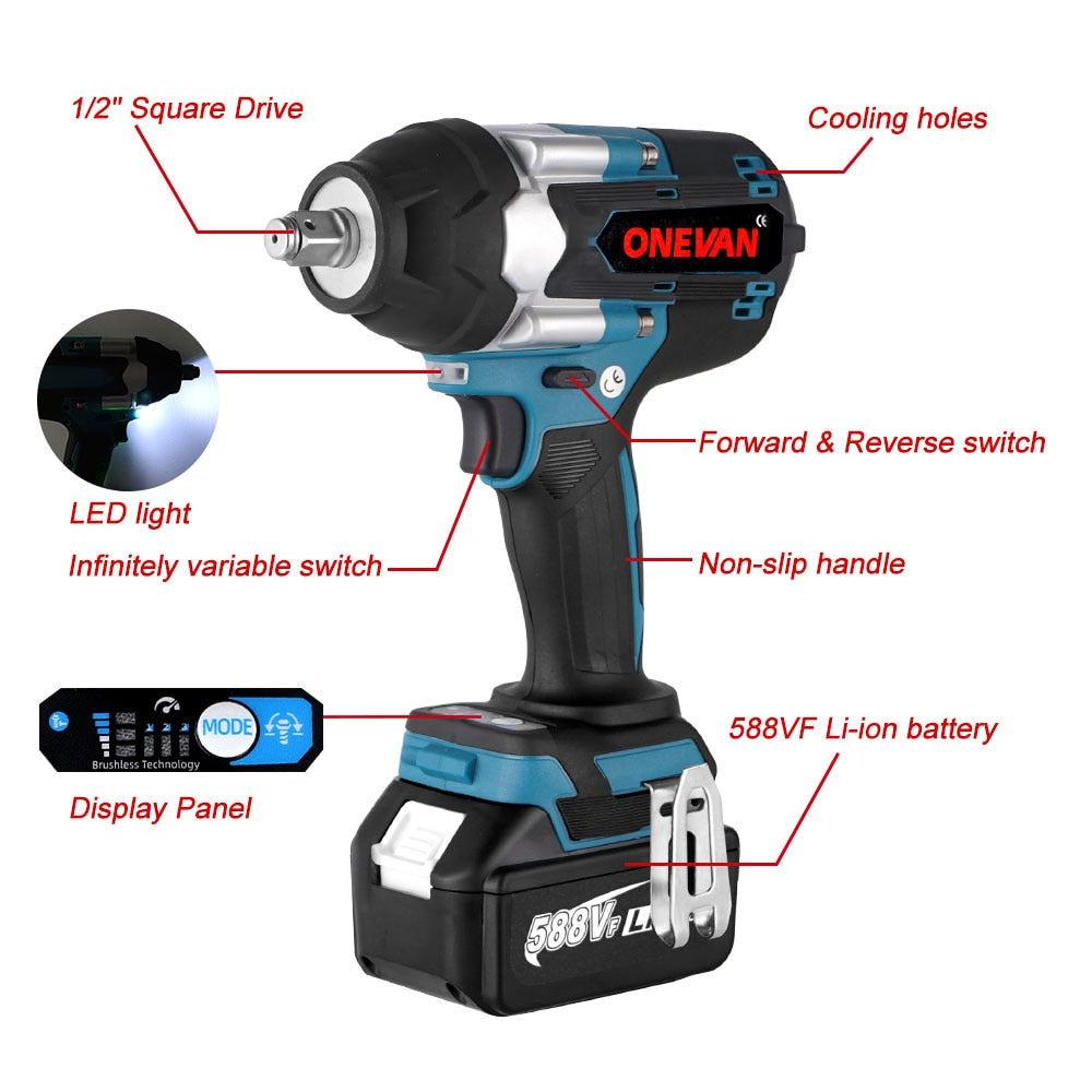 ONEVAN 1800N.M Torque Brushless Electric Impact Wrench with 588VF Battery 1/2&quot; Cordless Wrench Power Tool For Makita 18V Battery