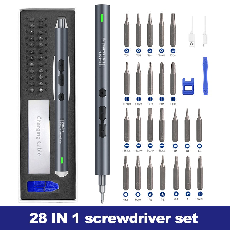 Precision Electric Screwdriver 24 Pcs S2 Alloy Steel Bit Screwdrivers Type-C Fast Charging Screwdriver Set Repair Power Tools