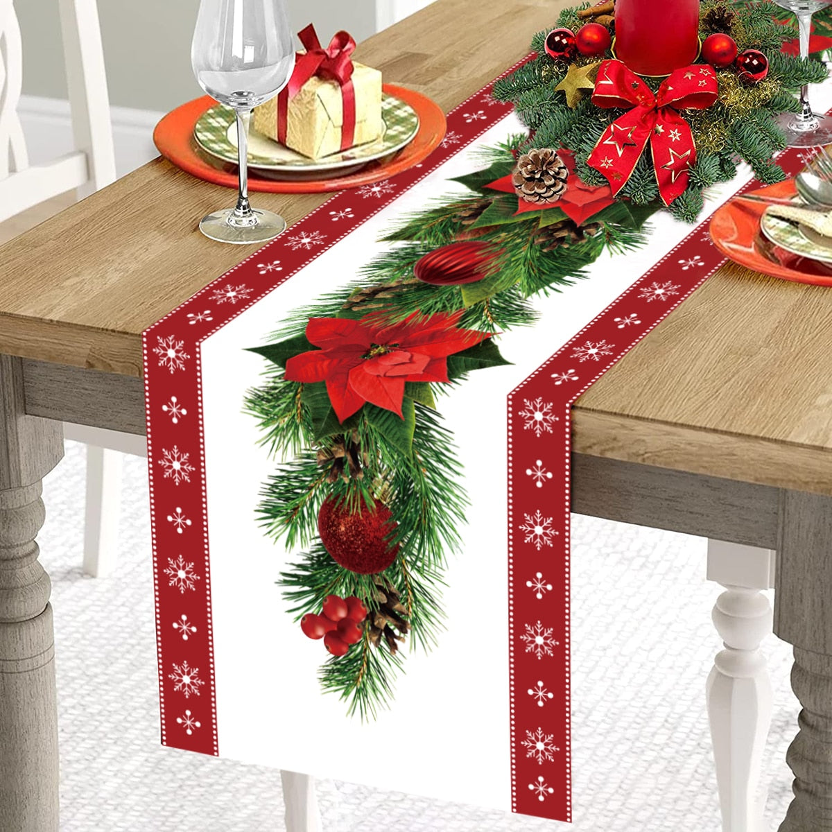 Safflower Pine Leaves Christmas Table Runner Xmas Table Flag Cover Navidad Natal Gifts Christmas Decor New Year 2023 Tablecloth