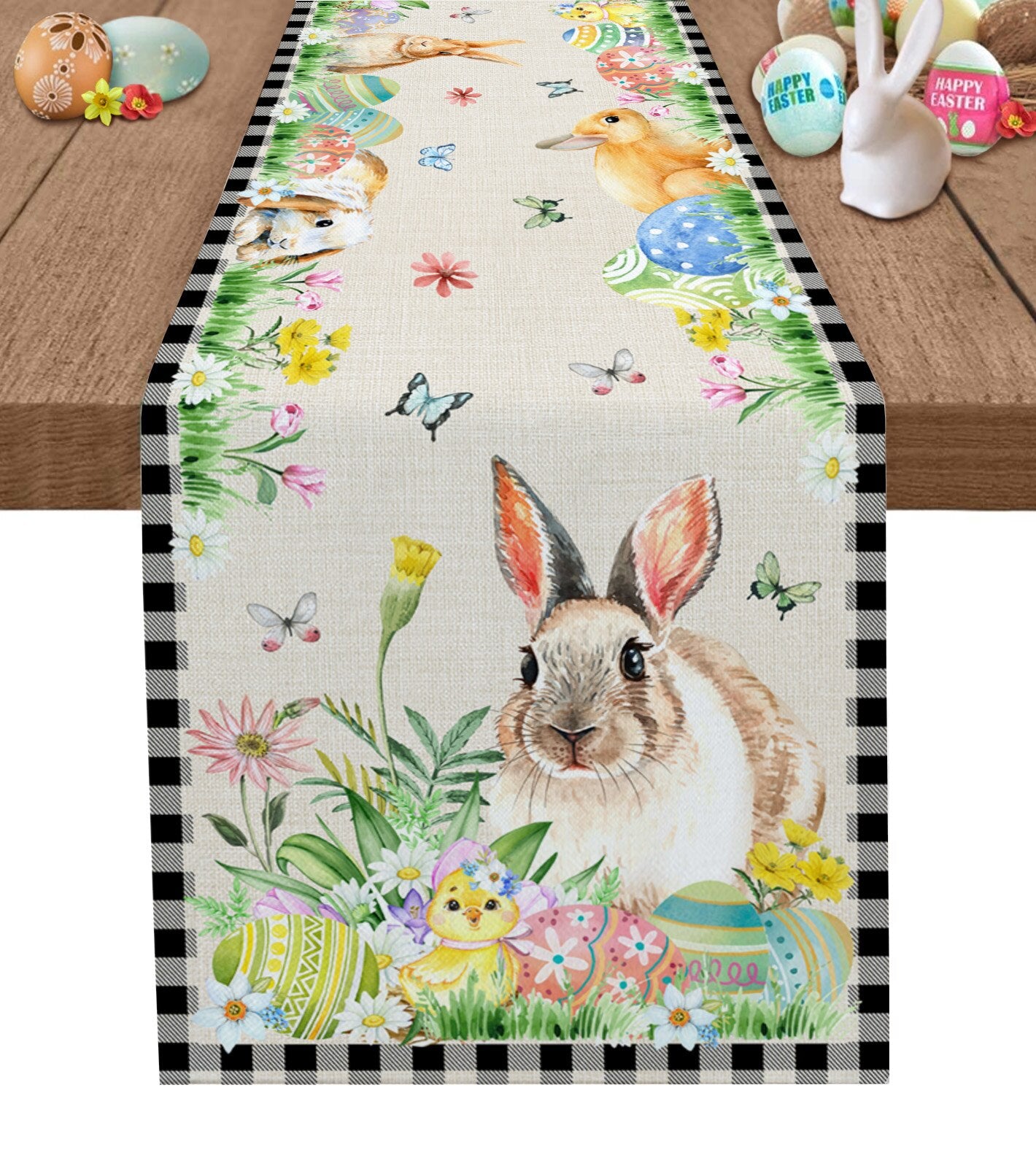 Easter Bunny Egg Duck Flower Linen Table Runner Wedding Decoration Anti-Fouling Rectangular Dining Table Runner Table Decoration