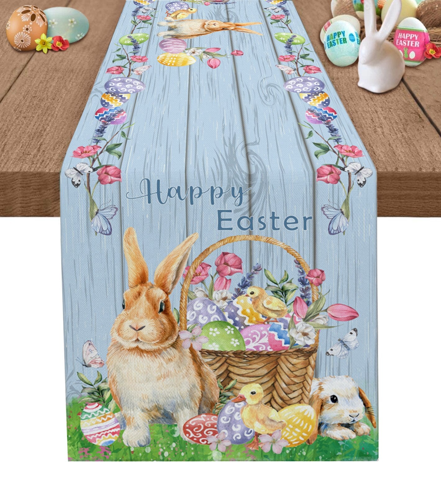 Easter Bunny Egg Duck Flower Linen Table Runner Wedding Decoration Anti-Fouling Rectangular Dining Table Runner Table Decoration