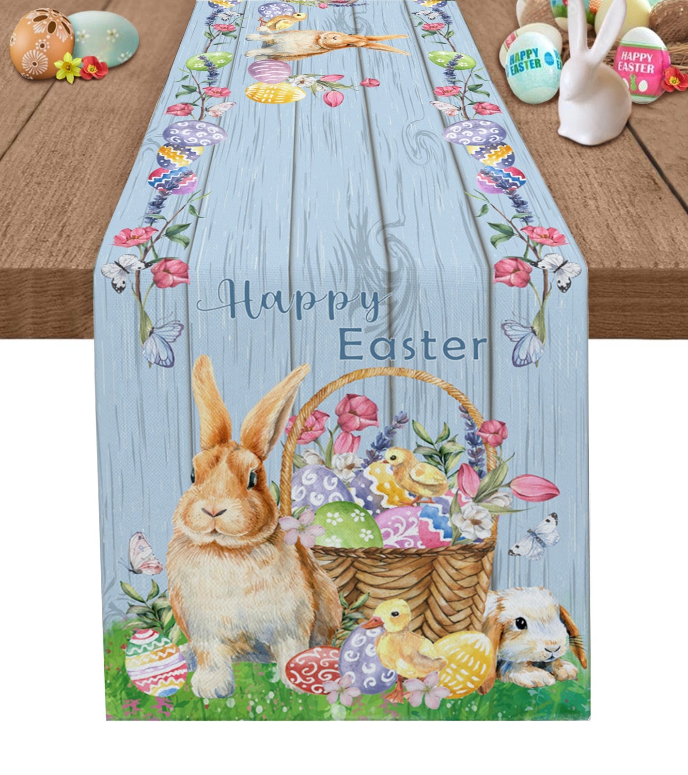 Easter Bunny Egg Duck Flower Linen Table Runner Wedding Decoration Anti-Fouling Rectangular Dining Table Runner Table Decoration