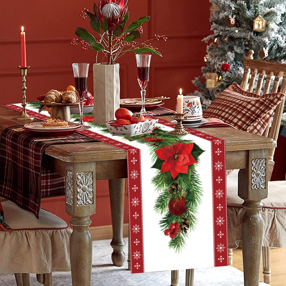 Safflower Pine Leaves Christmas Table Runner Xmas Table Flag Cover Navidad Natal Gifts Christmas Decor New Year 2023 Tablecloth