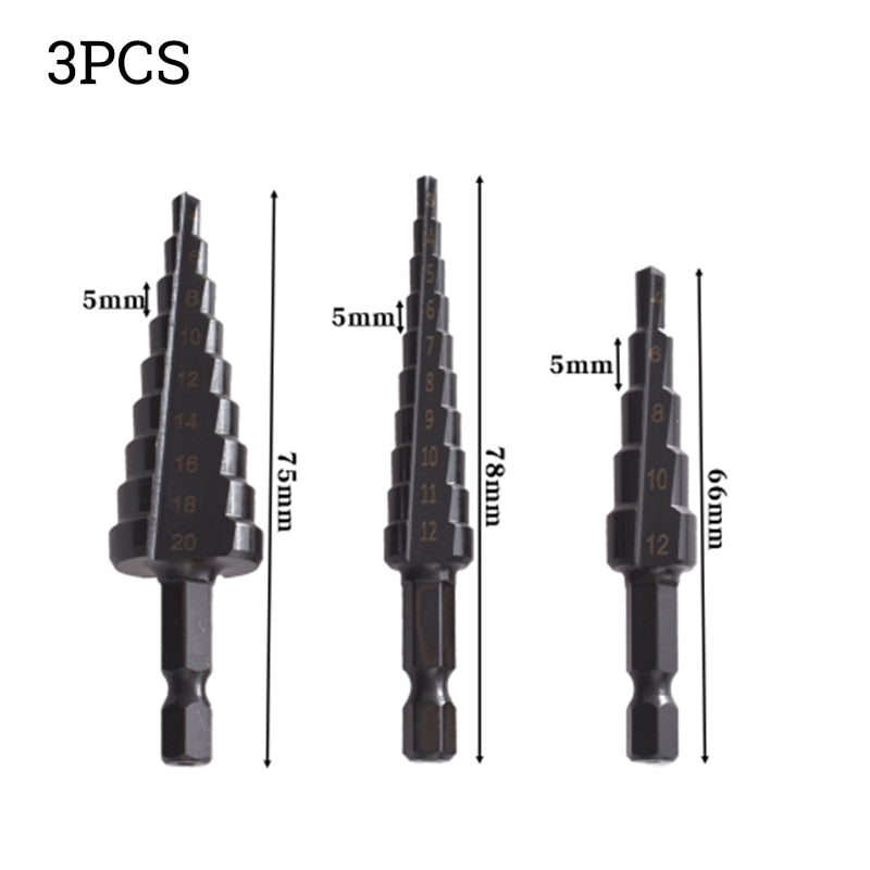 Broca de titanio HSS de 1/3 piezas, 3-12, 4-12, 4-20, herramientas eléctricas de perforación, juego de brocas cónicas de cortador de agujeros para madera de acero de alta velocidad