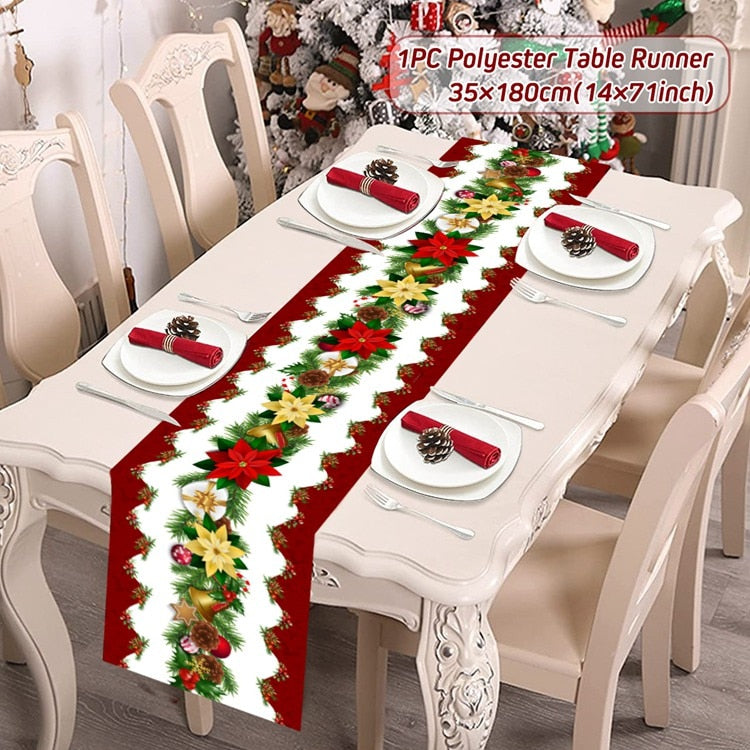 Safflower Pine Leaves Christmas Table Runner Xmas Table Flag Cover Navidad Natal Gifts Christmas Decor New Year 2023 Tablecloth