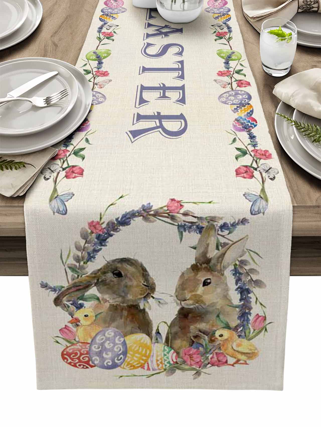 Easter Bunny Egg Duck Flower Linen Table Runner Wedding Decoration Anti-Fouling Rectangular Dining Table Runner Table Decoration