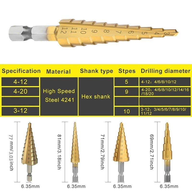 Broca de titanio HSS de 1/3 piezas, 3-12, 4-12, 4-20, herramientas eléctricas de perforación, juego de brocas cónicas de cortador de agujeros para madera de acero de alta velocidad