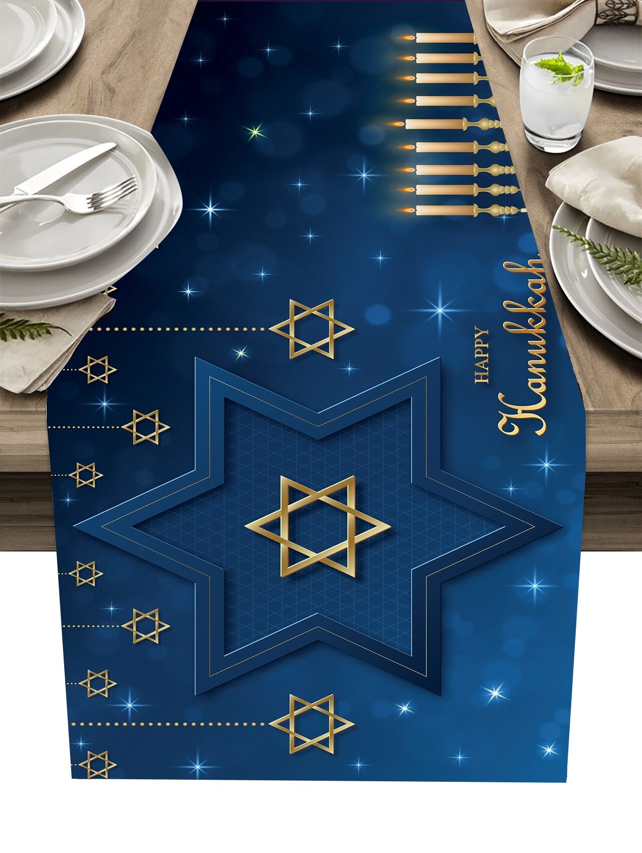 Hanukkah Table Runner Menorah Star of David Chanukah Jewish Festival Holiday Fireplace Kitchen Dining Room Home Decorations
