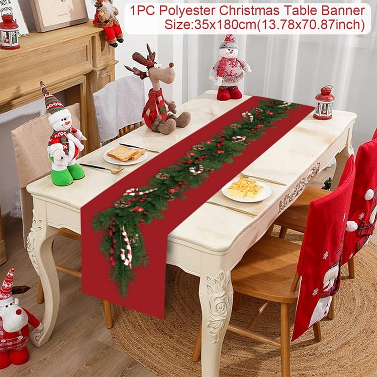 Safflower Pine Leaves Christmas Table Runner Xmas Table Flag Cover Navidad Natal Gifts Christmas Decor New Year 2023 Tablecloth