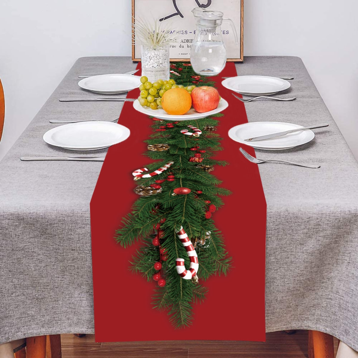 Safflower Pine Leaves Christmas Table Runner Xmas Table Flag Cover Navidad Natal Gifts Christmas Decor New Year 2023 Tablecloth