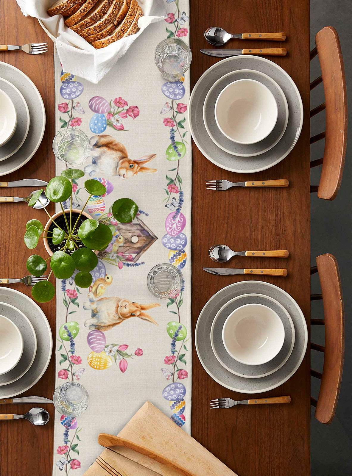 Easter Bunny Egg Duck Flower Linen Table Runner Wedding Decoration Anti-Fouling Rectangular Dining Table Runner Table Decoration