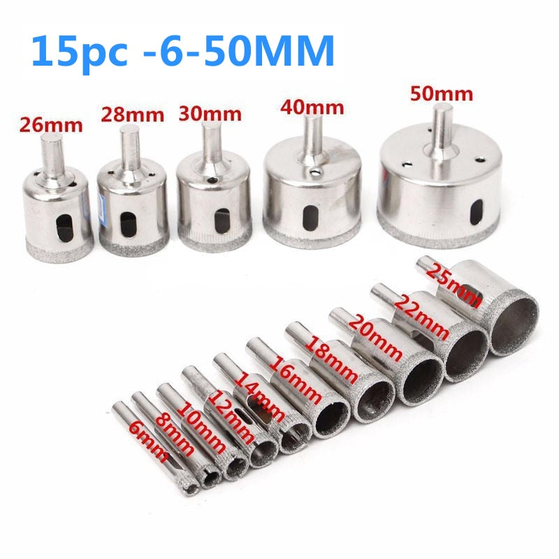 10/15pcs Set Tile drill bit Set Diamond Coated  Tile Marble Glass Ceramic Hole Saw Drilling Bits Power Tools Accessories