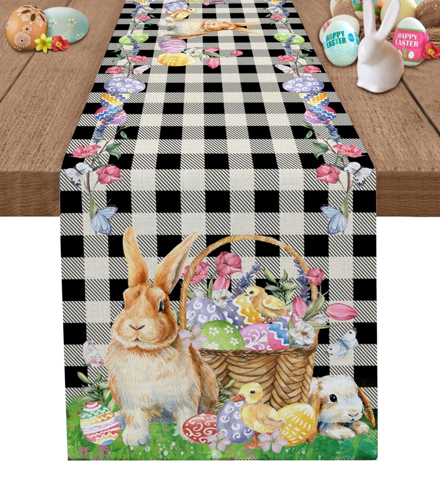 Easter Bunny Egg Duck Flower Linen Table Runner Wedding Decoration Anti-Fouling Rectangular Dining Table Runner Table Decoration